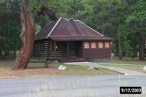 A dark wooden cabin nestled among trees near a paved road.