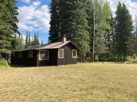 A dark wooden cabin sits in a grassy clearing surrounded by tall evergreen trees.
