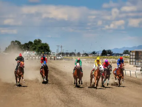 Jockeys race horses down a dirt track.