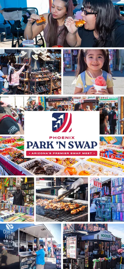 A collage of photos shows people shopping, eating food, and enjoying a market.