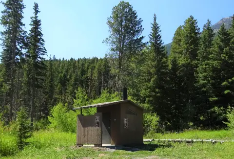 A rustic outhouse stands in a clearing surrounded by a dense forest and mountains.