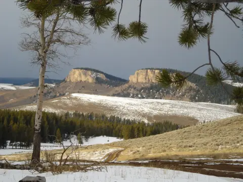 A landscape view showing snow-covered hills, pine trees, and distant rocky formations under an overcast sky.