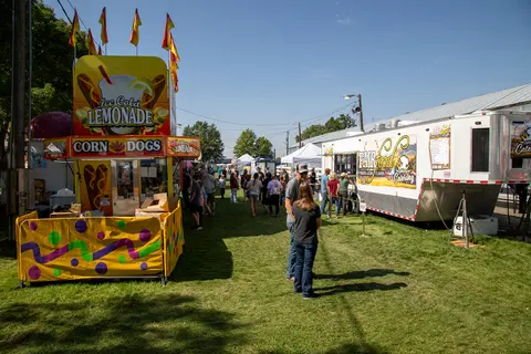 An outdoor fair with food stands and visitors walking on the grass.