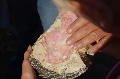 A person holds a large rock containing colorful opal.