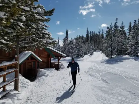 A person cross-country skiing on a snowy trail near a log cabin.