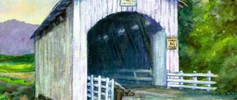 A painting of a covered bridge in a rural landscape.