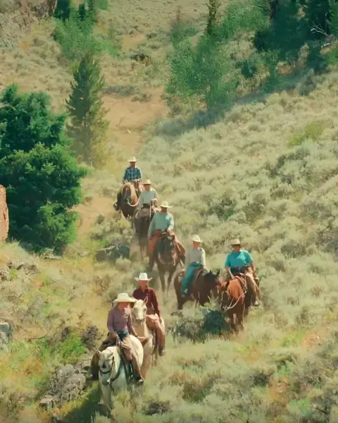 A line of horseback riders follows a trail down a grassy hillside.