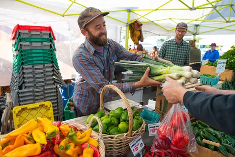 A vendor sells produce to a customer at a market.