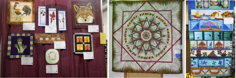 A collection of quilts displayed on walls at an exhibition.