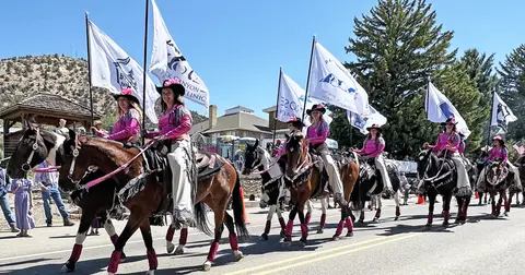 A group of equestrians ride horses carrying white flags down a street in a parade.