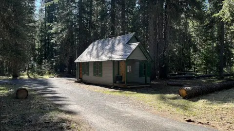 A small cabin nestled among tall trees alongside a dirt path.