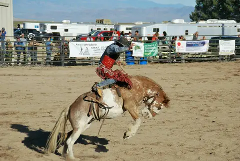 A cowboy riding a bucking horse in an arena.