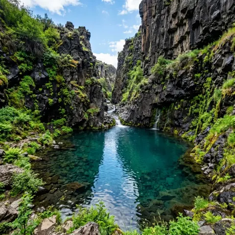 A scenic view of a turquoise pool surrounded by steep rocky cliffs and lush greenery.