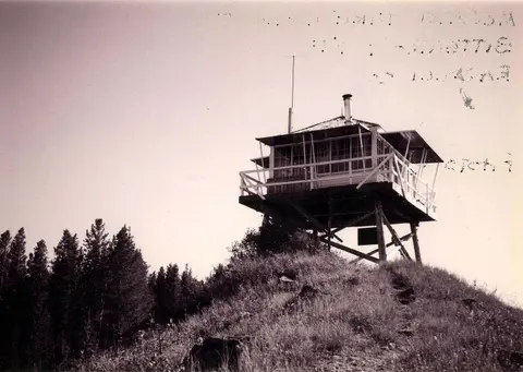 A historic black and white photo of a wooden fire lookout tower on a hilltop.