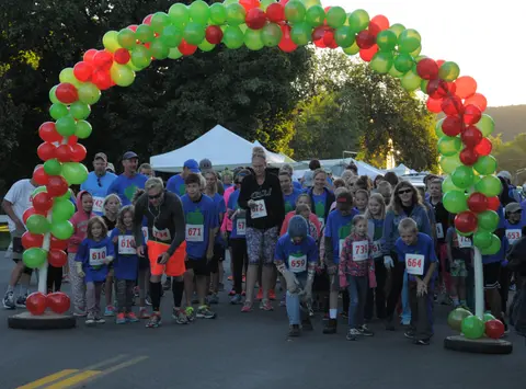 A crowd of runners gathers near a balloon arch at an outdoor event.