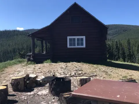 A rustic log cabin sits on a hillside surrounded by a forest under a clear blue sky.