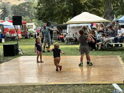 Children dance on a wooden outdoor floor at a park event.