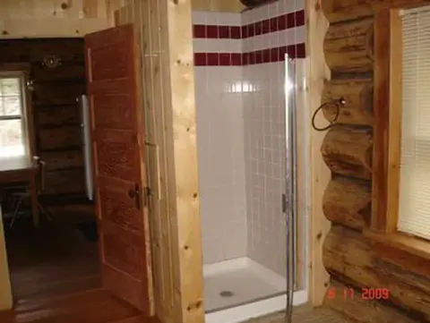 An interior view of a room with log walls and a tiled shower stall.