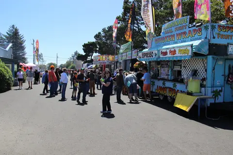 People stand in line at food booths during a fair or outdoor event.