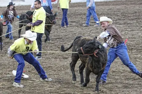 Cowboys participate in a rodeo event in an arena.