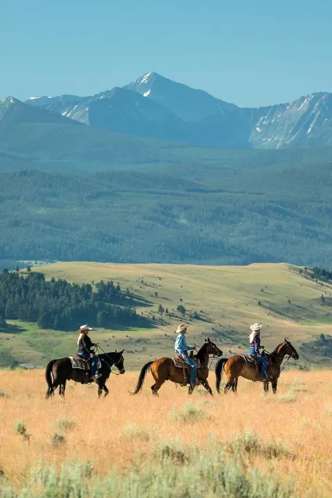 Three people ride horses across a field with mountains in the background.