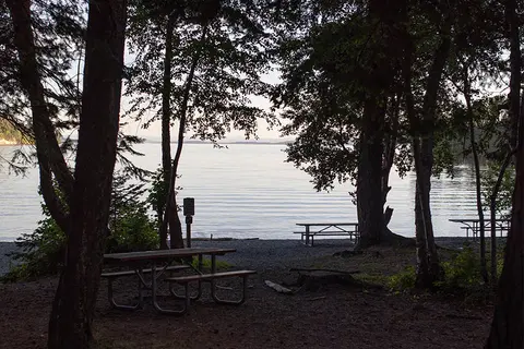 A view of a lake through trees with picnic tables on the shore.