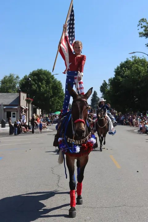 A young girl stands on a horse holding an American flag in a parade.