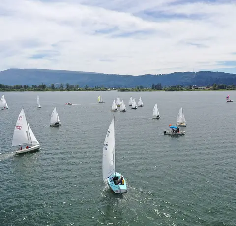 A regatta of small sailboats on a lake with distant hills.