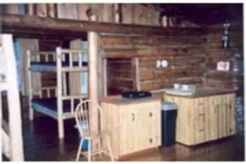 An interior view of a rustic cabin showing wooden bunk beds and counters.
