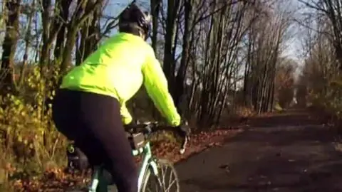 A cyclist rides down a path lined with bare trees.