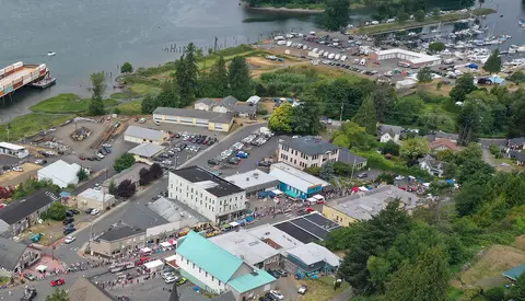 An aerial view of a town near a body of water with a marina.