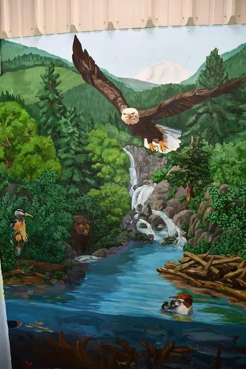 A mural showing a natural landscape with wildlife, including an eagle, a bear, and a river.
