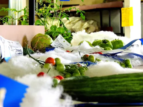 Fresh vegetables are displayed on a table with white stuffing and entry tags.