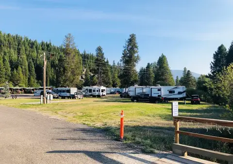 A view of an RV park with several campers parked in a grassy area near trees.