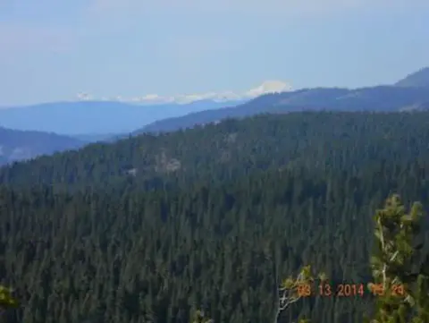A view of forested hills and mountains in the distance.