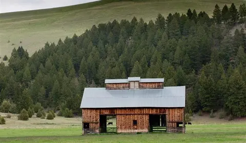 A wooden barn sits in a green field before a forested hill.