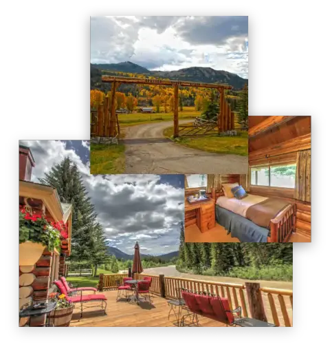 A collage showing a ranch entrance, a cabin bedroom, and a wooden deck with mountain views.