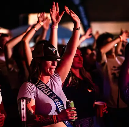 A crowd of people enjoying an outdoor concert at night with hands raised.
