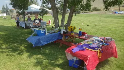 People gathered around tables set up on a grassy lawn outdoors.