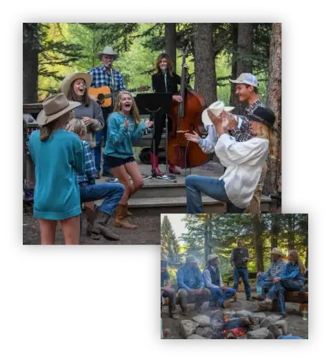 A band plays music outdoors while people sing and clap, with a smaller inset photo of people sitting around a campfire.