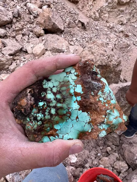 A hand holds a large piece of turquoise rock outdoors.