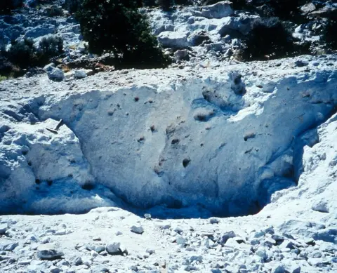 A rocky landscape with a large white rock formation and sparse vegetation.