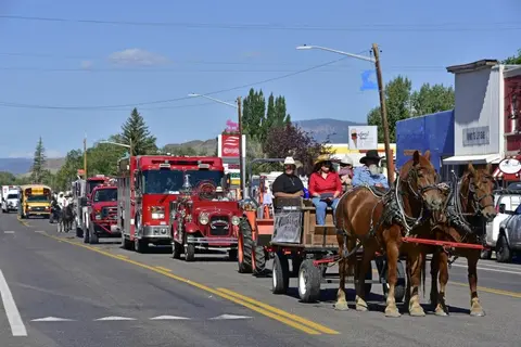 A parade on a street featuring horse-drawn wagons and fire trucks.