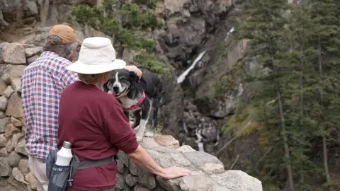 Two people and a dog look out over a rocky landscape with a waterfall.