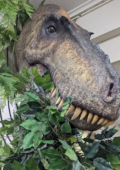A model dinosaur head is surrounded by artificial foliage indoors.