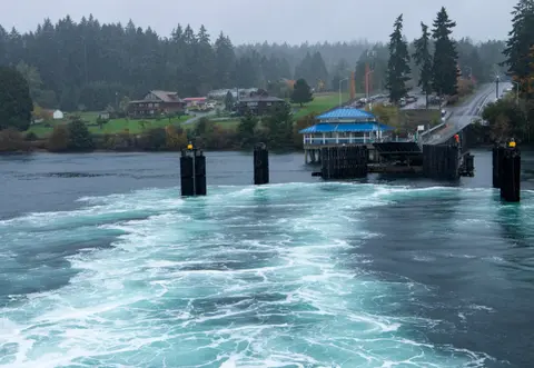 A ferry wake churns in front of a dock and coastal landscape.