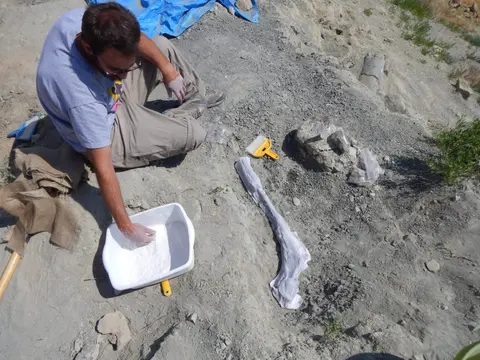 A person working at an excavation site with tools and materials.