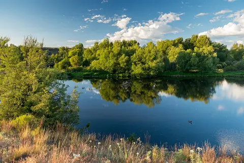 A calm river reflects the surrounding green trees and blue sky with white clouds.