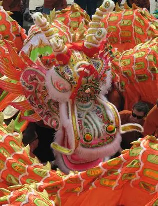A colorful dragon costume used in a festival parade.