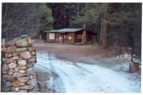 A cabin nestled in a wooded area with a stone pillar in the foreground.